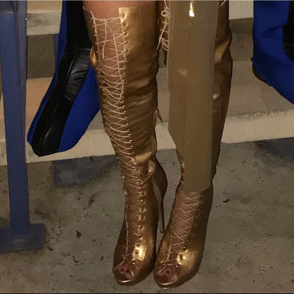 Gold Thigh High Lace Up Boots